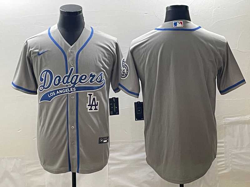 Men%27s Los Angeles Dodgers Grey Blank With Patch Cool Base Stitched Baseball Jersey